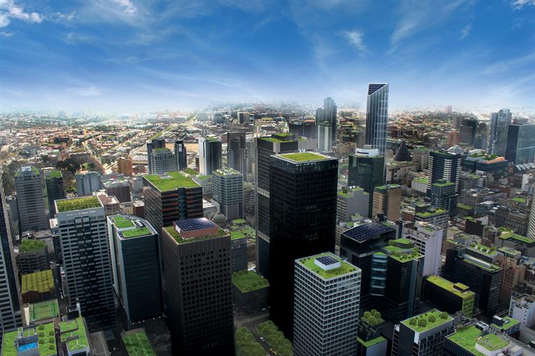 A computer generated image of city buildings with green roofs A computer generated image of city buildings with green roofs